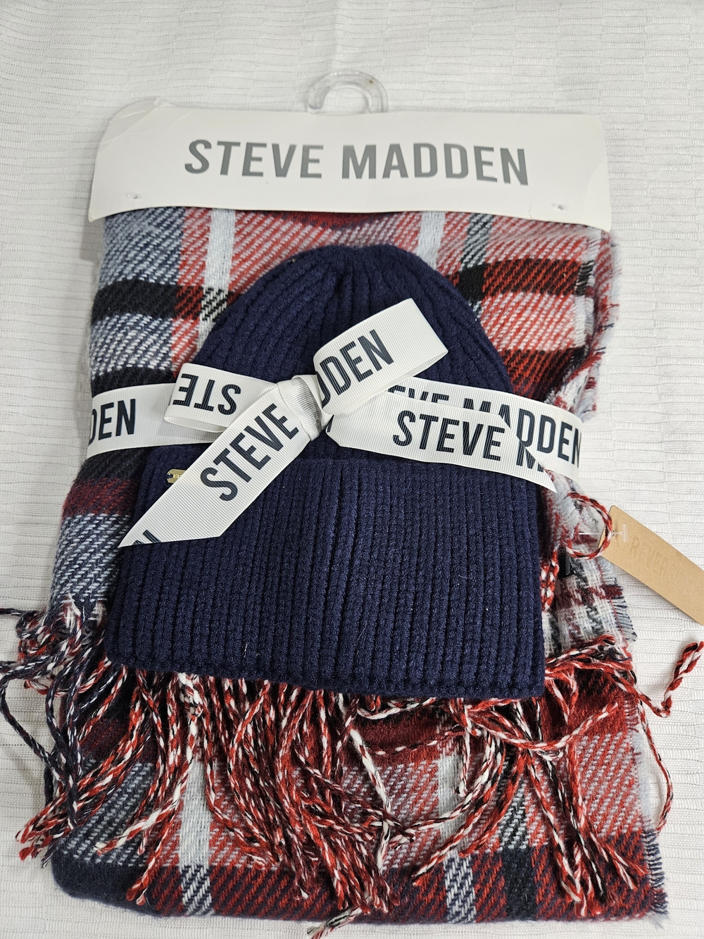 Steve Madden Navy Ribbed Beanie with Red & Gray Plaid Scarf Set